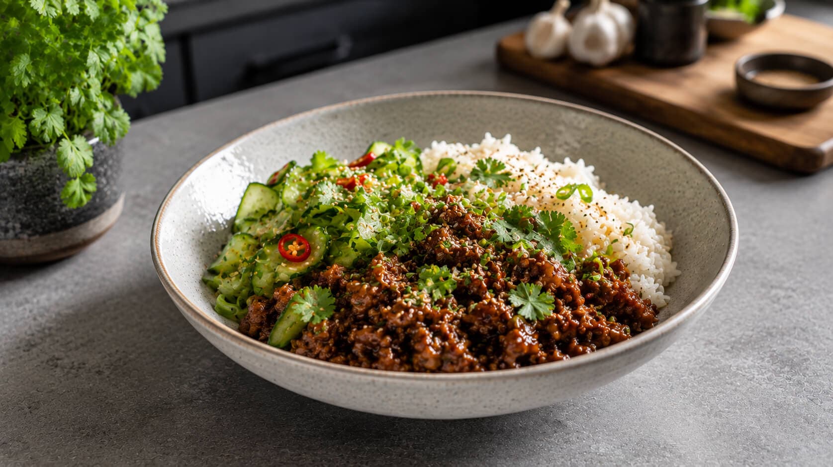 Asiatisk kjøttdeigbolle med ris og agurksalat