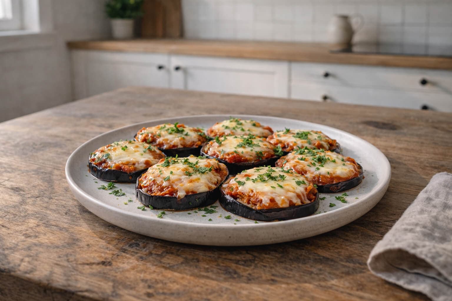 Aubergineskiver med ost og tomat