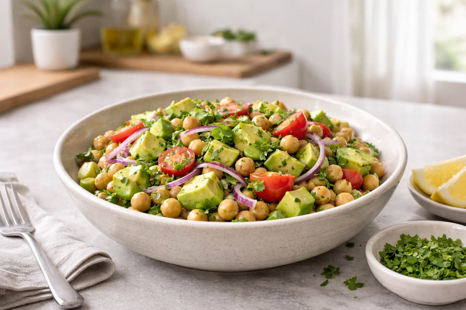 Avocado og kikertsalat med sitron og urter