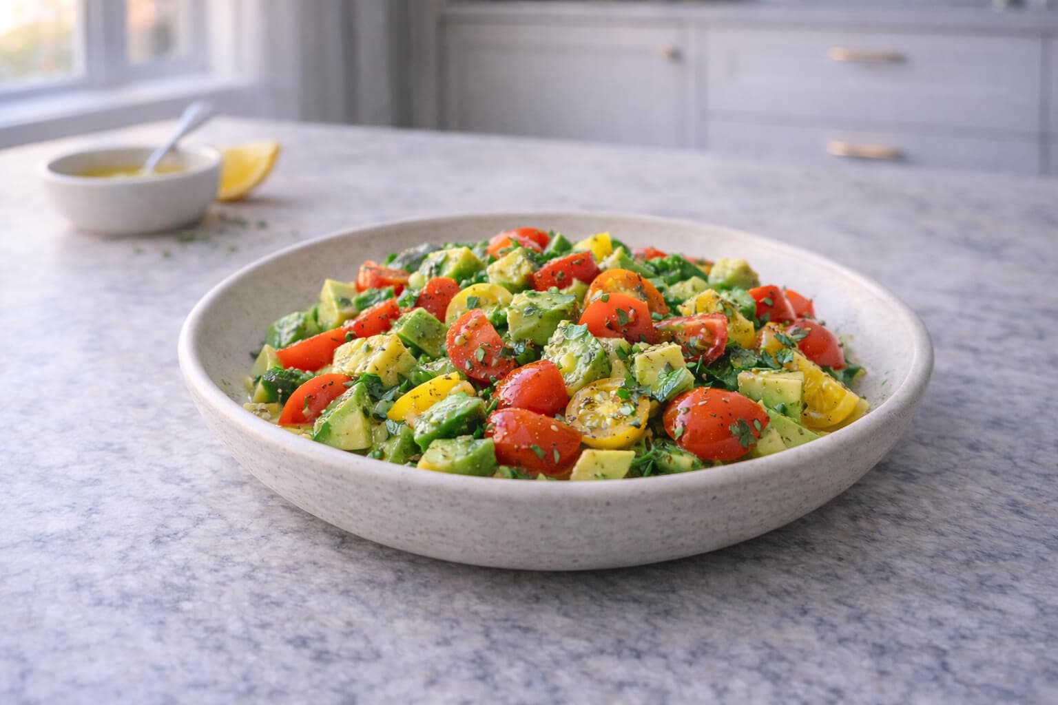 Avocado og tomatsalat med sitronolje