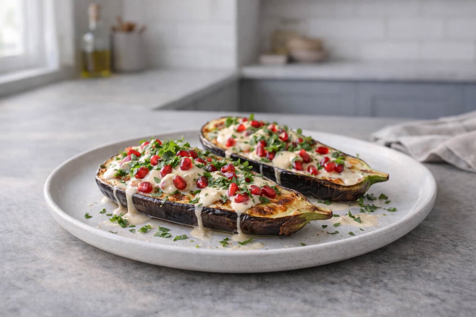 Bakt aubergine med tahini og granateple