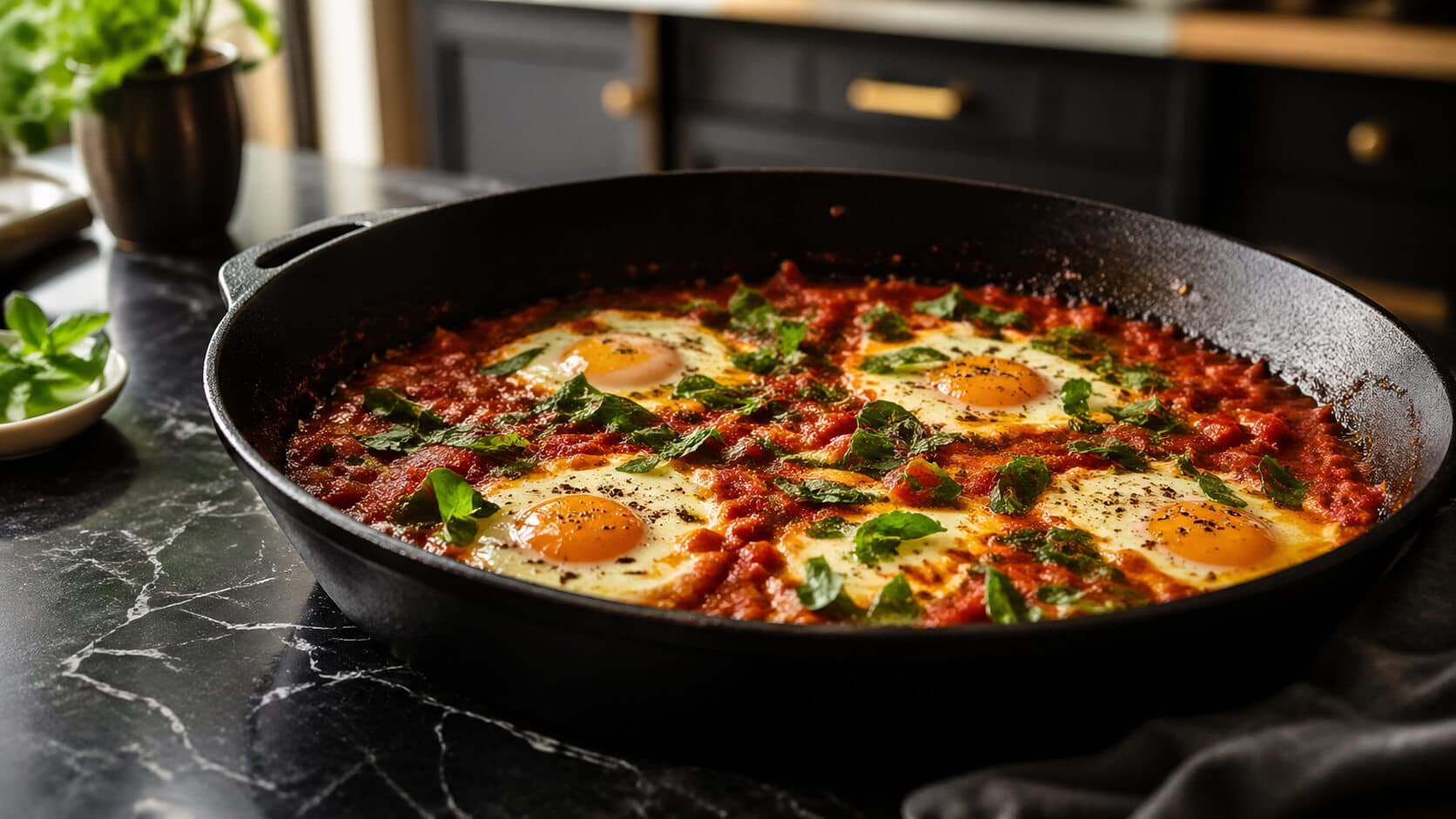 Bakt egg i tomatsaus