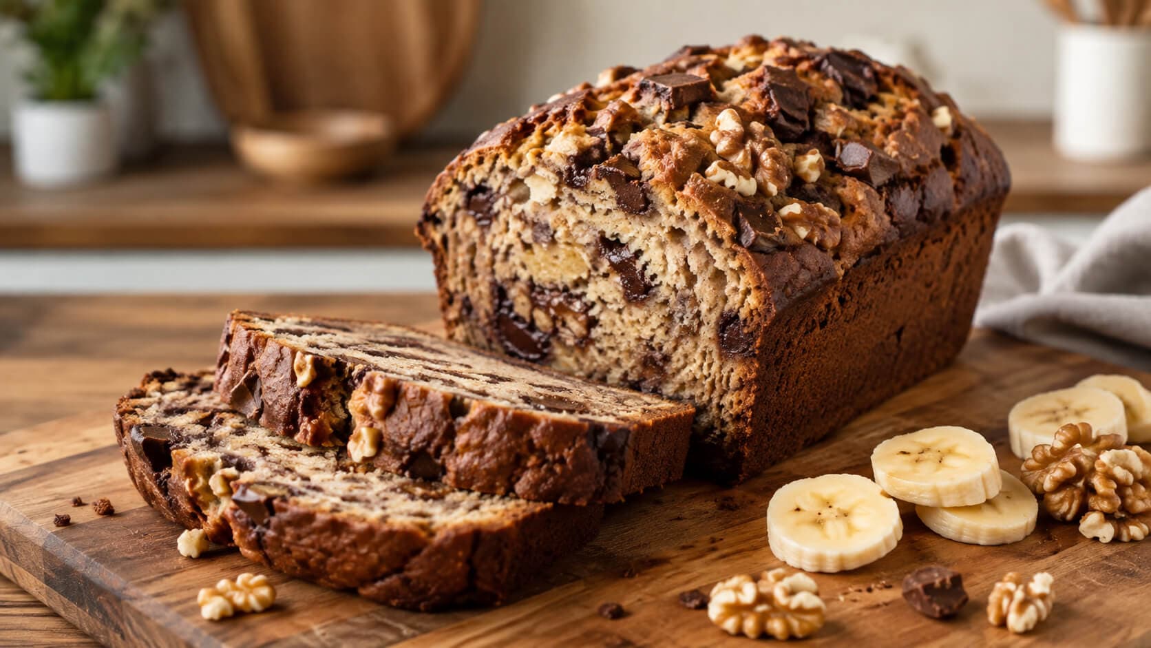 Bananbrød med valnøtter og mørk sjokolade
