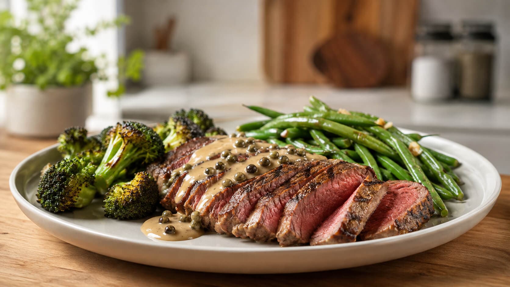Biff med kremet peppersaus og ovnsbakt brokkoli