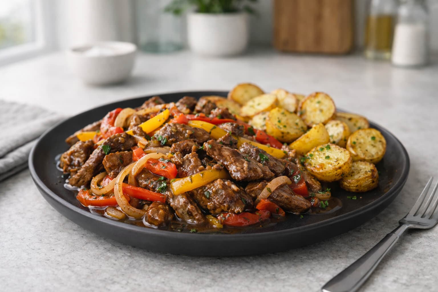 Biffsnadder med paprika og løk