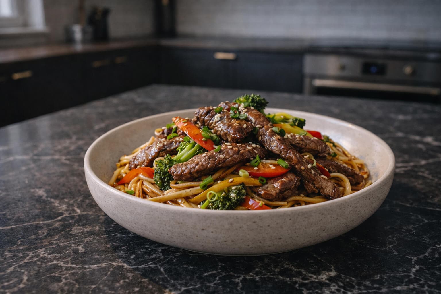 Biffstrimler med nudler og grønnsaker