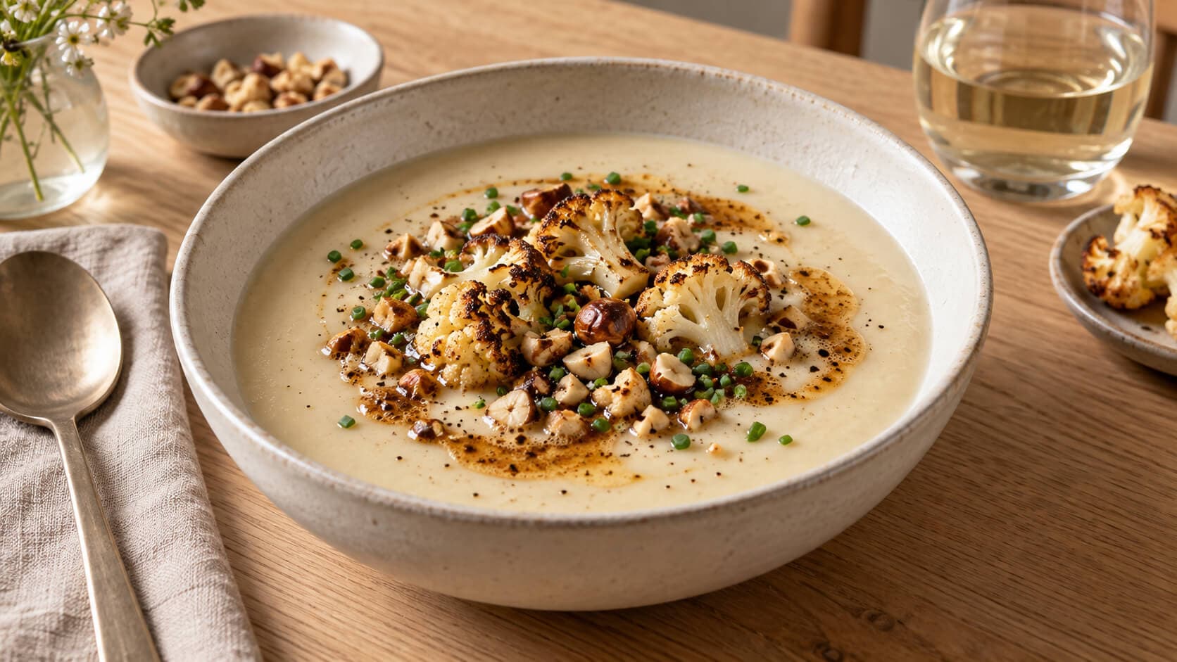Blomkålsuppe med brunet smør og ristede hasselnøtter
