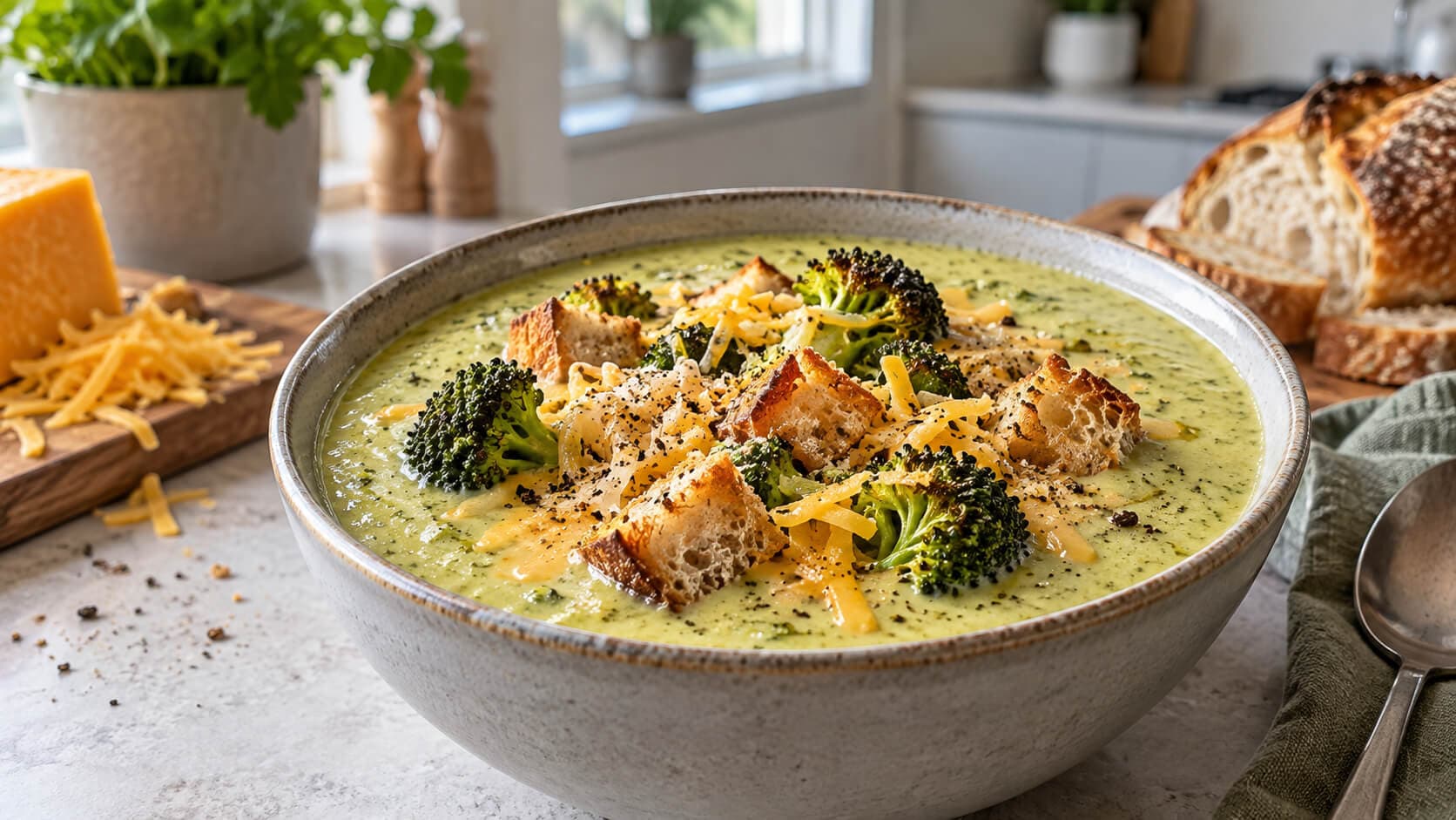 Brokkolisuppe med cheddar og sprø krutonger