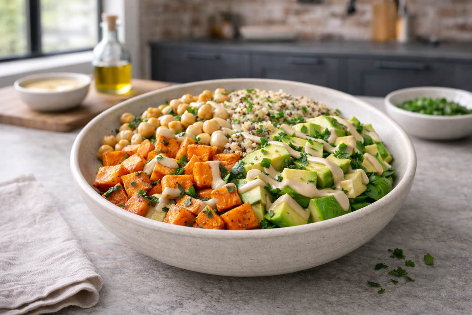 Buddha bowl med quinoa, ovnsbakte grønnsaker og tahinidressing