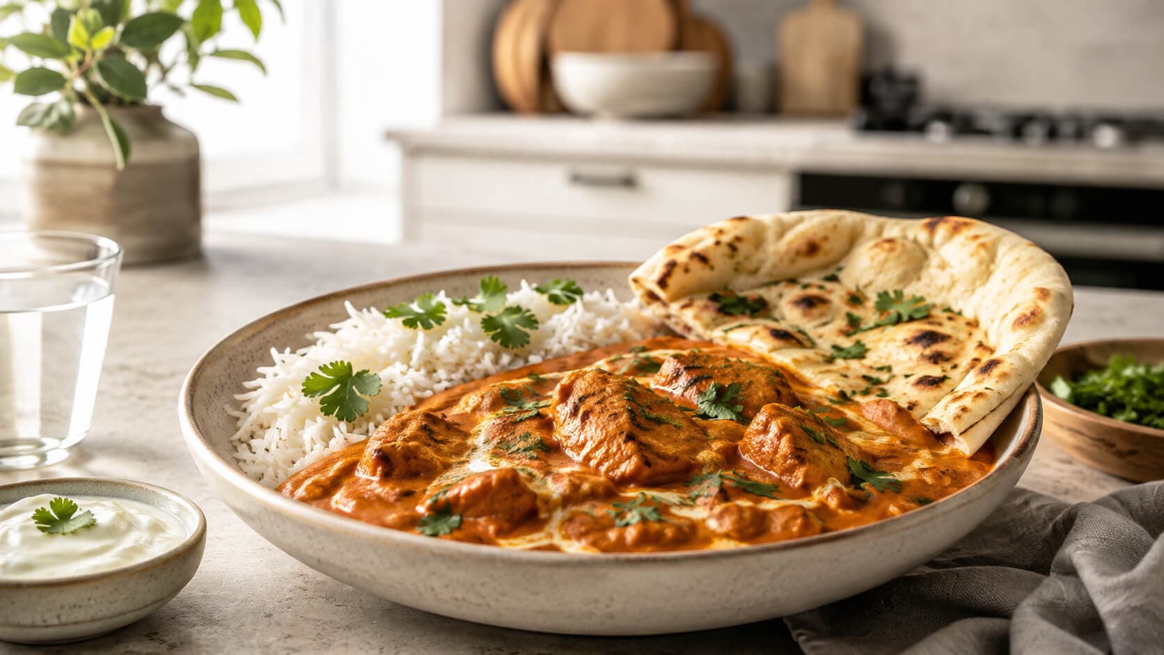 Butter chicken med basmatiris og naan