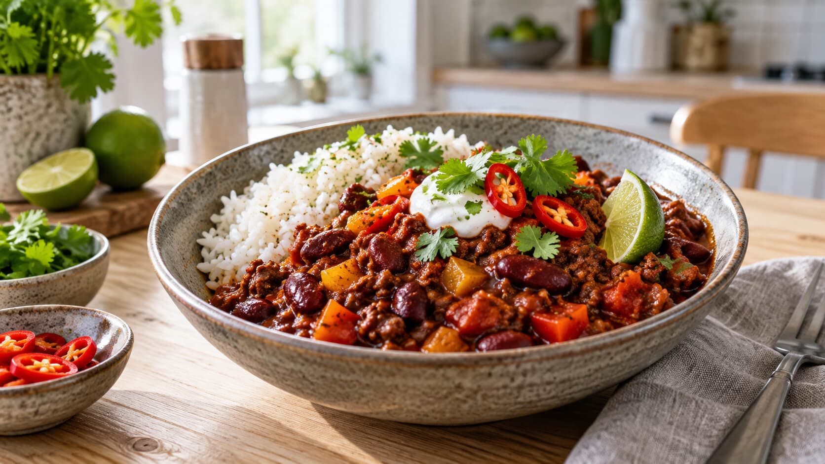 Chili con carne med bønner og ris