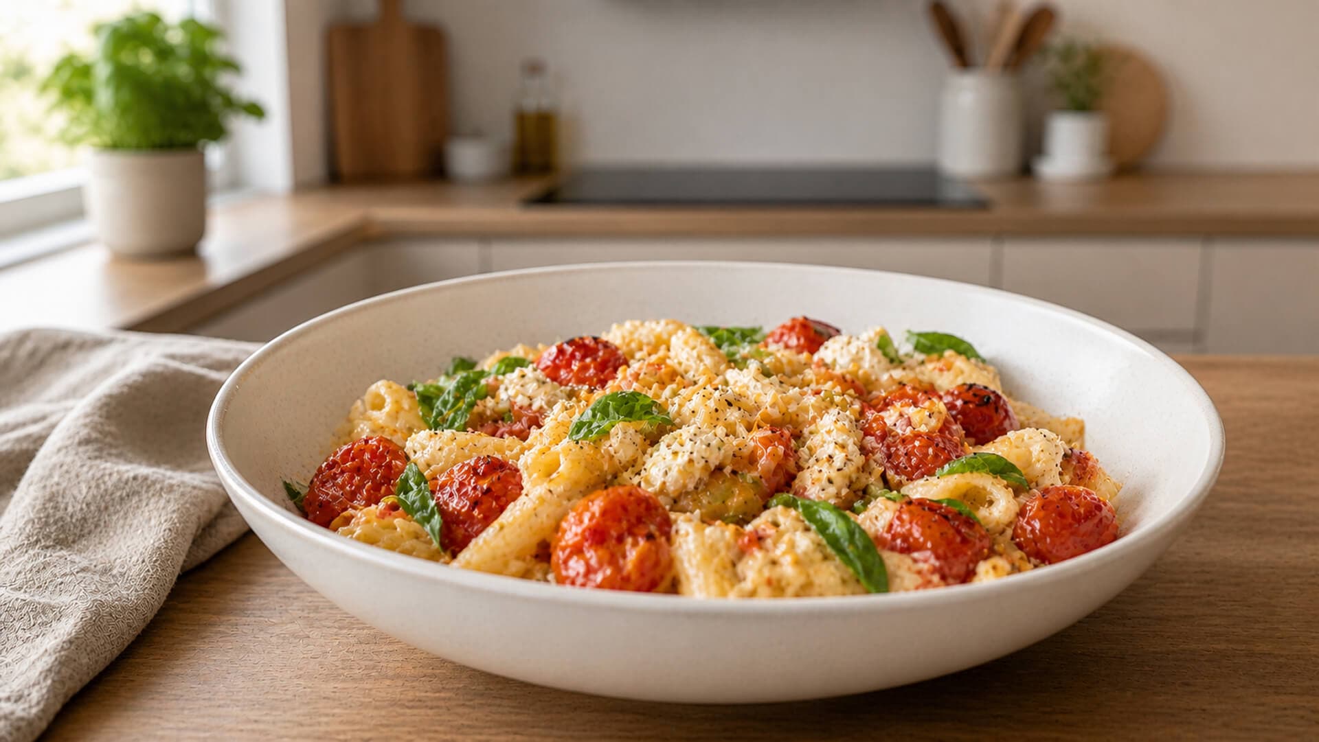 Vegetarisk kremet pasta med ovnsbakte tomater