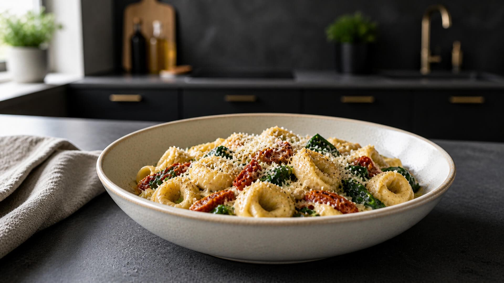 Kremet tortellini med soltørkede tomater