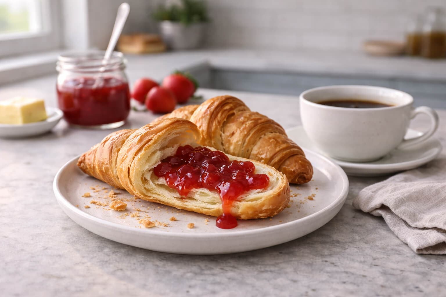 Croissant med syltetøy og kaffe