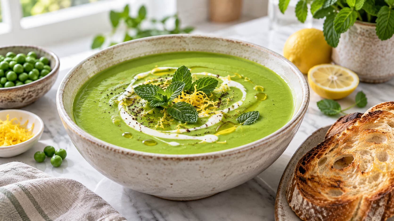 Ertesuppe med mynte, sitron og crème fraîche