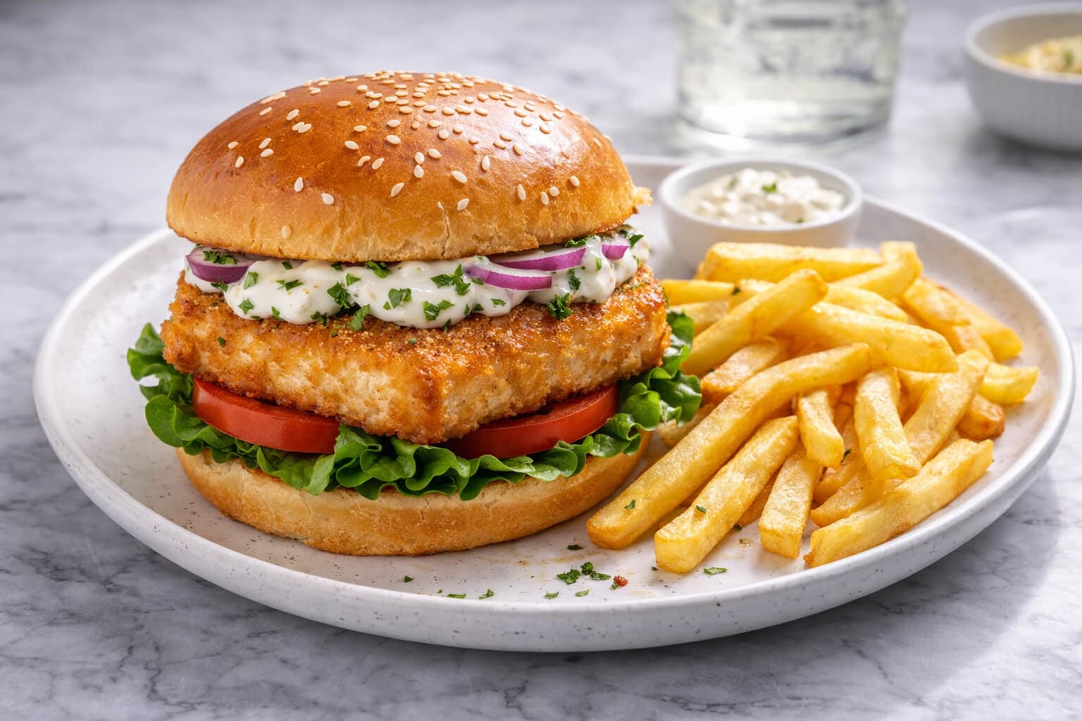 Fiskeburger med pommes frites