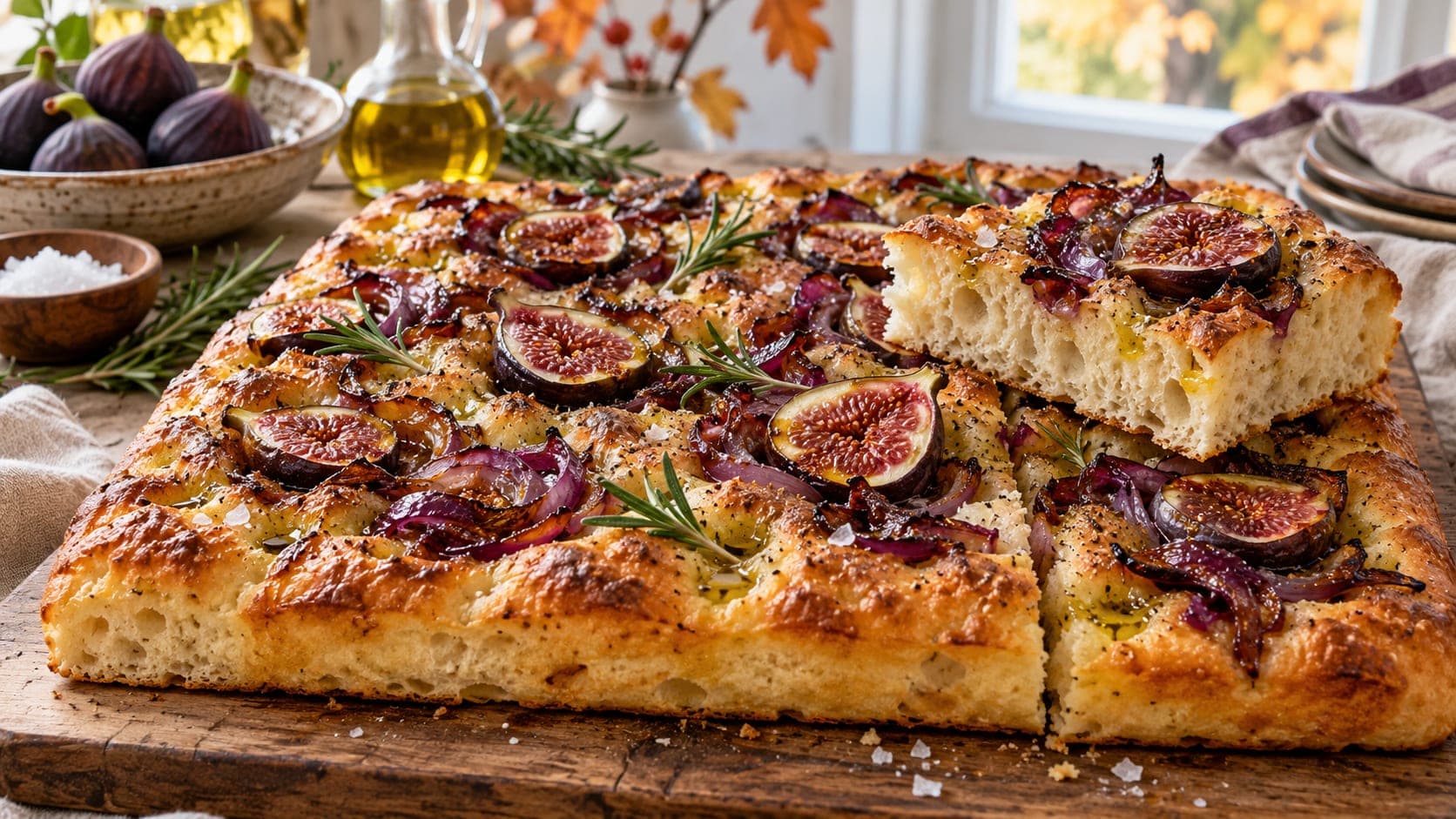 Focaccia med halverte fiken, karamellisert rødløk og rosmarin på et trebrett, med et utskåret stykke som viser den luftige krummen.