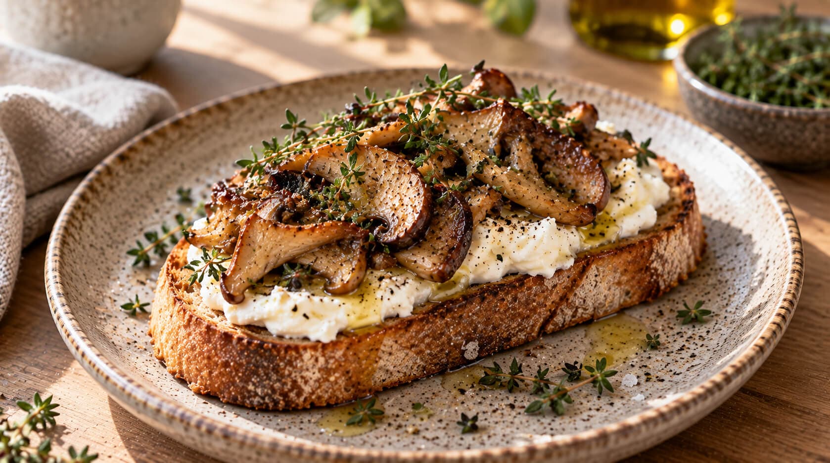 Frokosttoast med karamellisert sopp, ricotta og timian