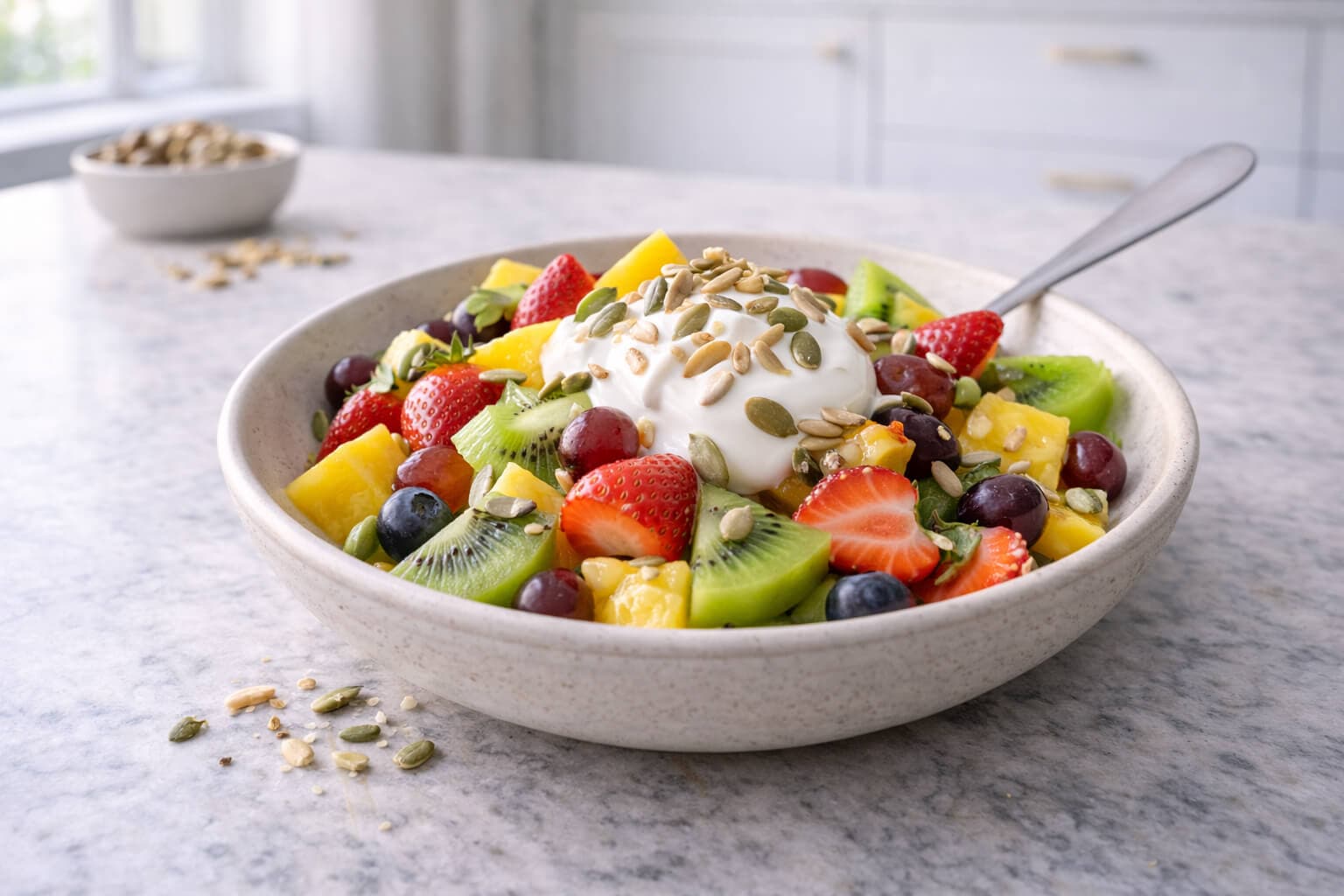 Fruktsalat med yoghurt og ristede frø