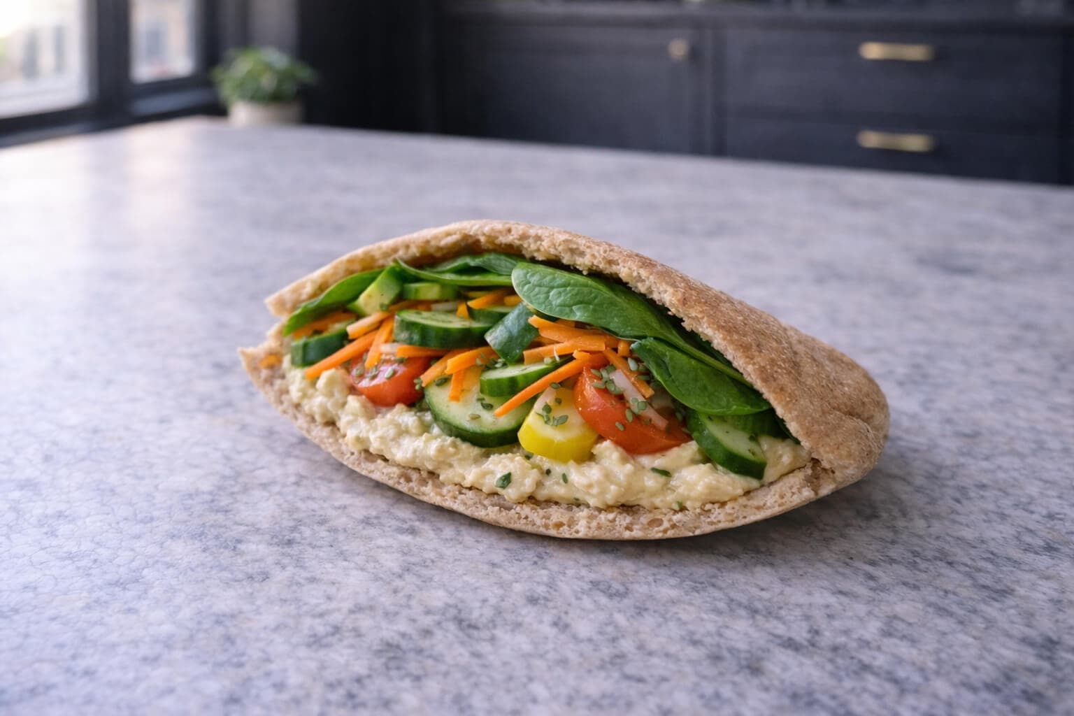 Fullkornspita med hummus og grønnsaker