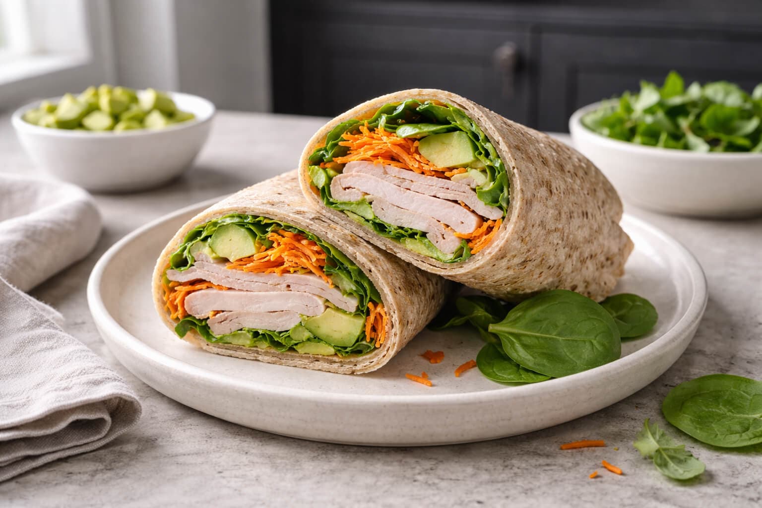 Fullkornswrap med kalkun og grønnsaker
