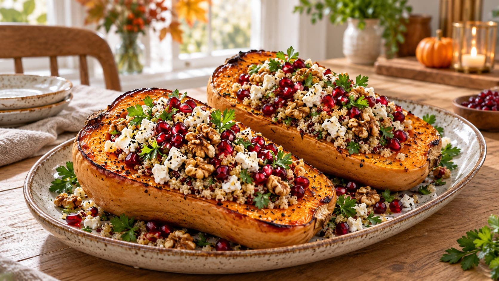 To ovnsbakte flaskegresskarhalvdeler fylt med quinoa, feta, valnøtter, granateplekjerner og persille på et serveringsfat.