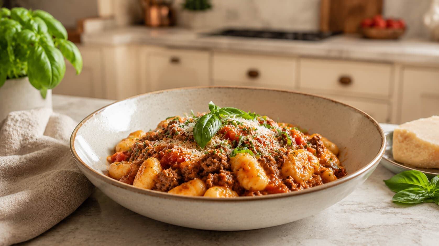 Gnocchi med kjøttdeig, tomatsaus og basilikum