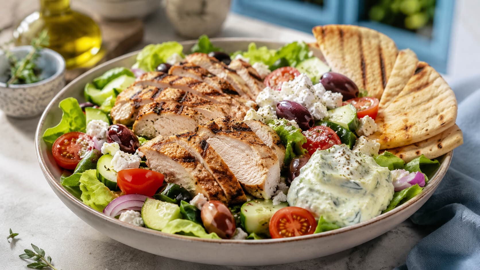 Gresk kyllingsalat med tzatziki og pita