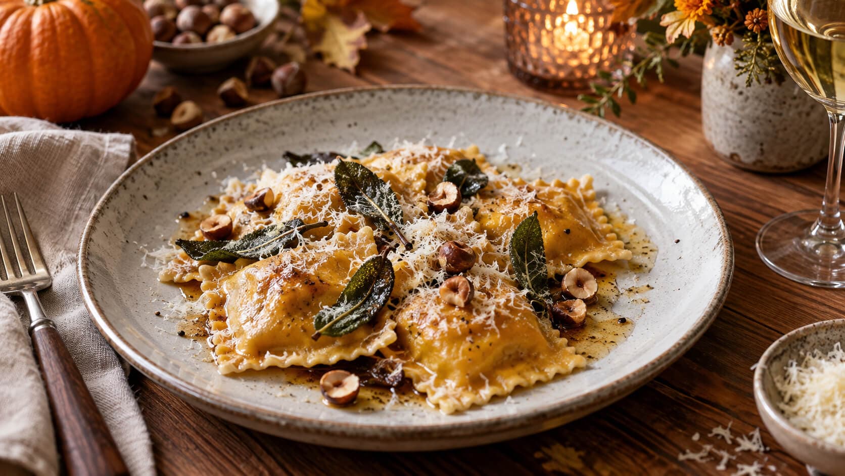 Gresskarravioli med brunet smør og salvie