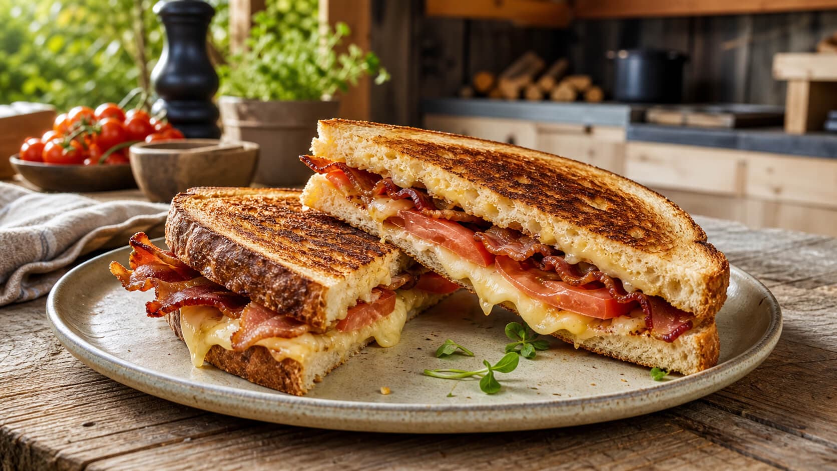 Grilled cheese med bacon, tomat og smeltet ost