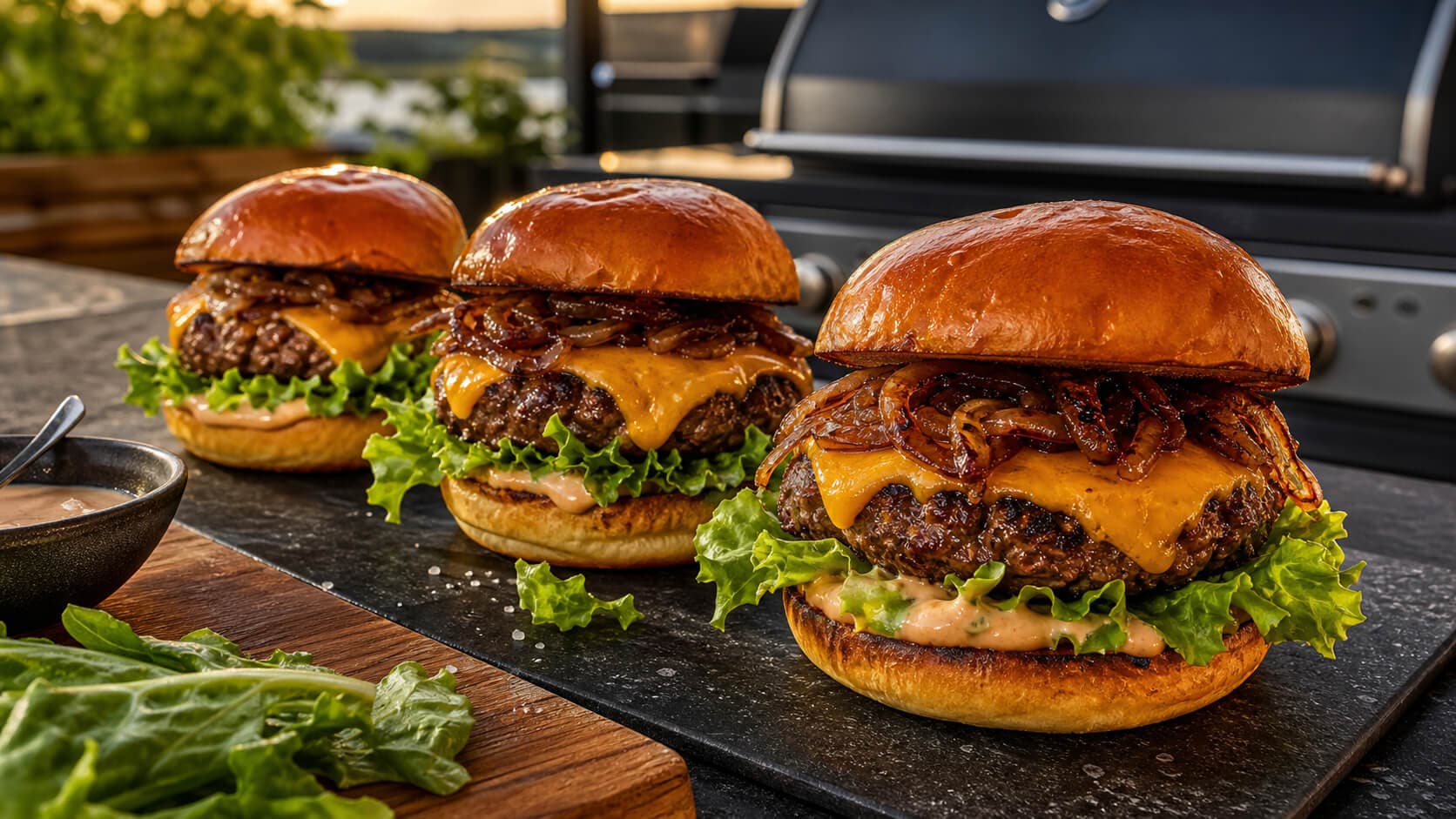 Grillede burgere med cheddar og karamellisert løk