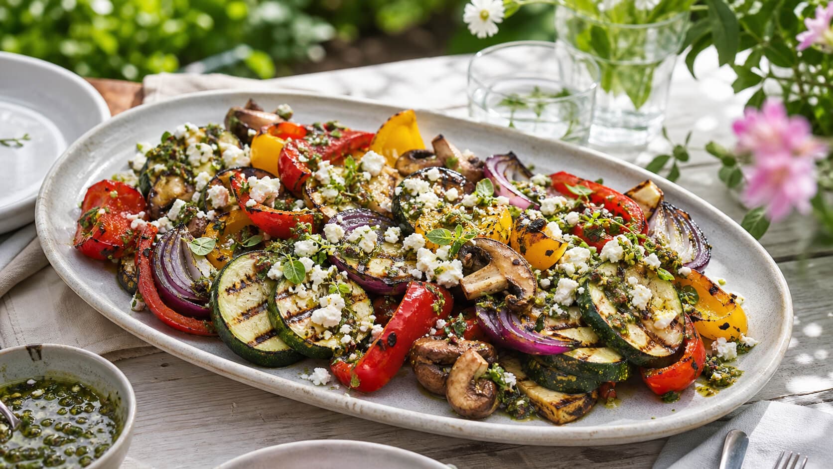 Grillede grønnsaker med feta og urtedressing