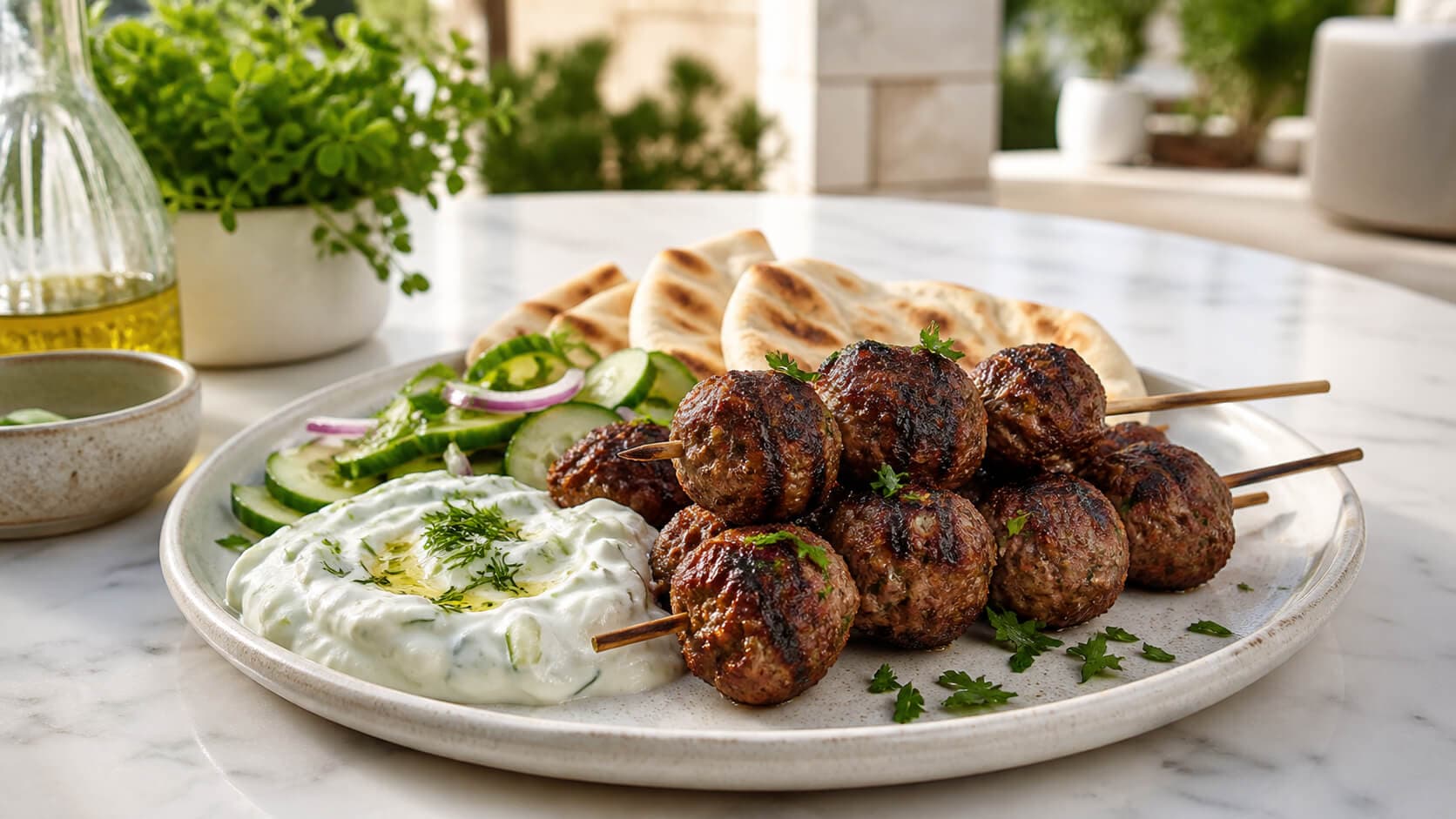 Grillede kjøttbollespyd med tzatziki og flatbrød
