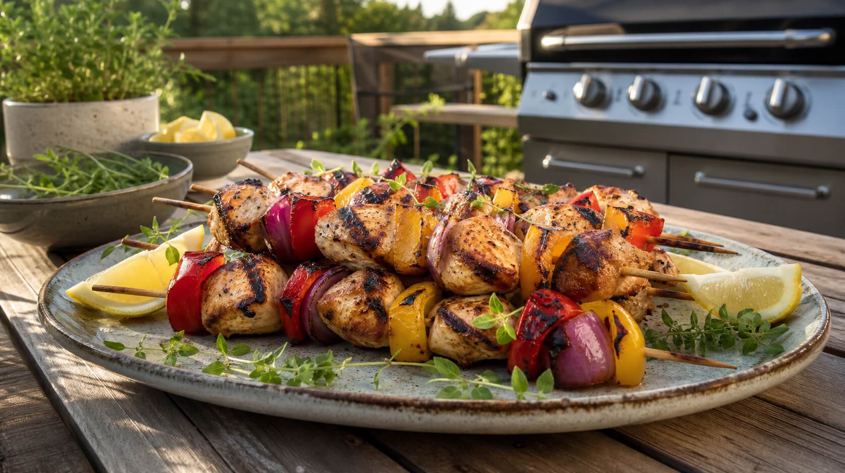 Grillede kyllingspyd med paprika og rødløk