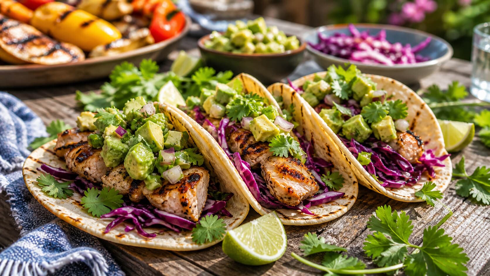 Grillede kyllingtacos med avokadosalsa og rødkål