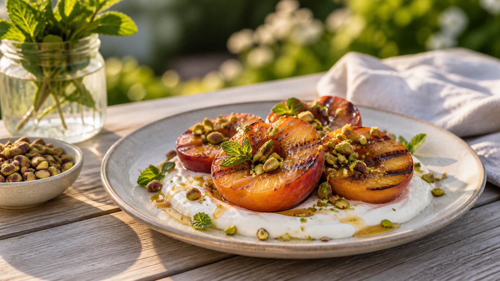 Grillede nektariner med honning, yoghurt og pistasj