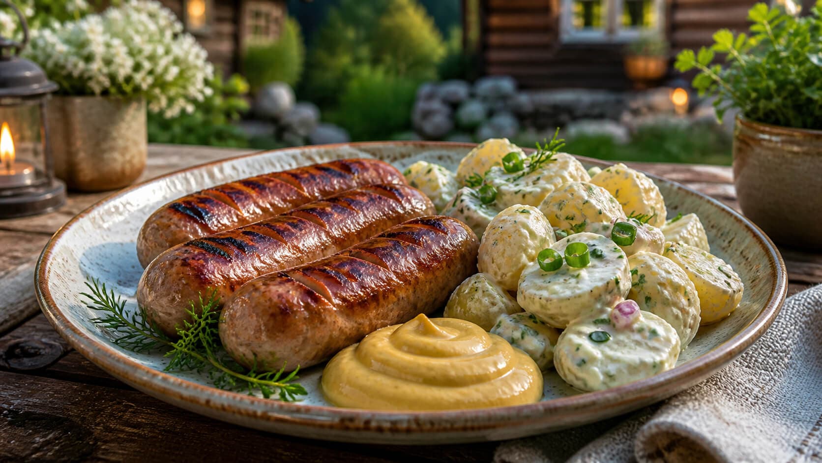 Grillede pølser med potetsalat og sennep