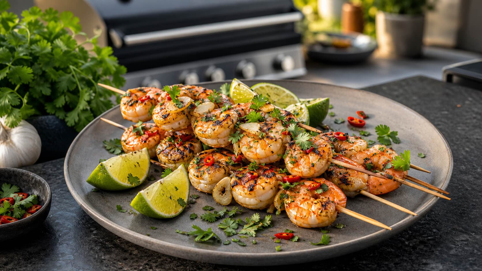 Grillede rekespyd med hvitløk, chili og lime