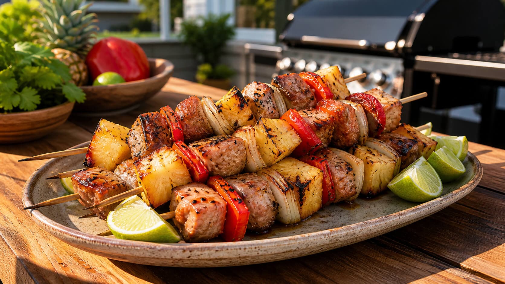 Grillede svinespyd med ananas og paprika