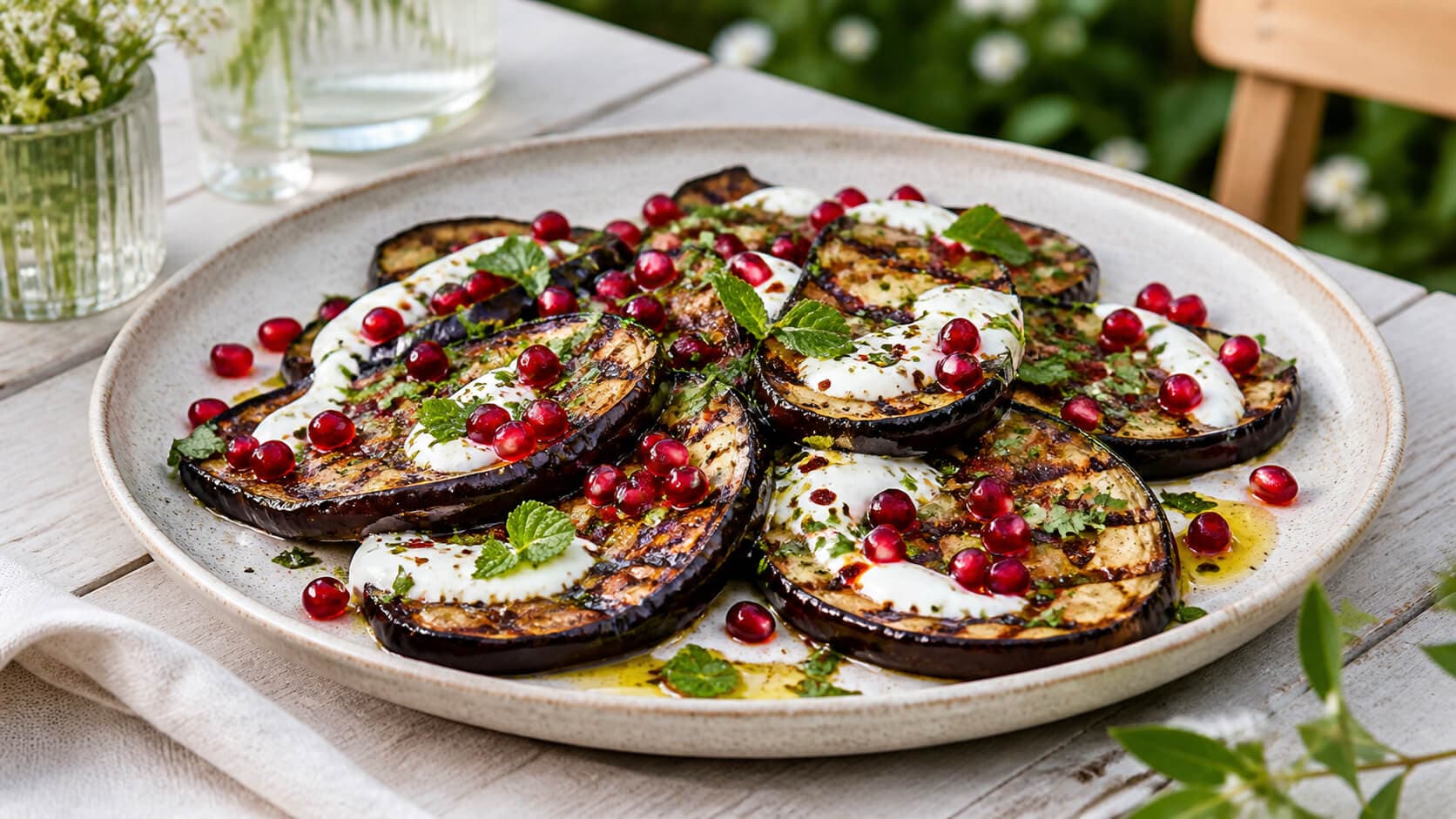 Grillet aubergine med yoghurtsaus og granateple