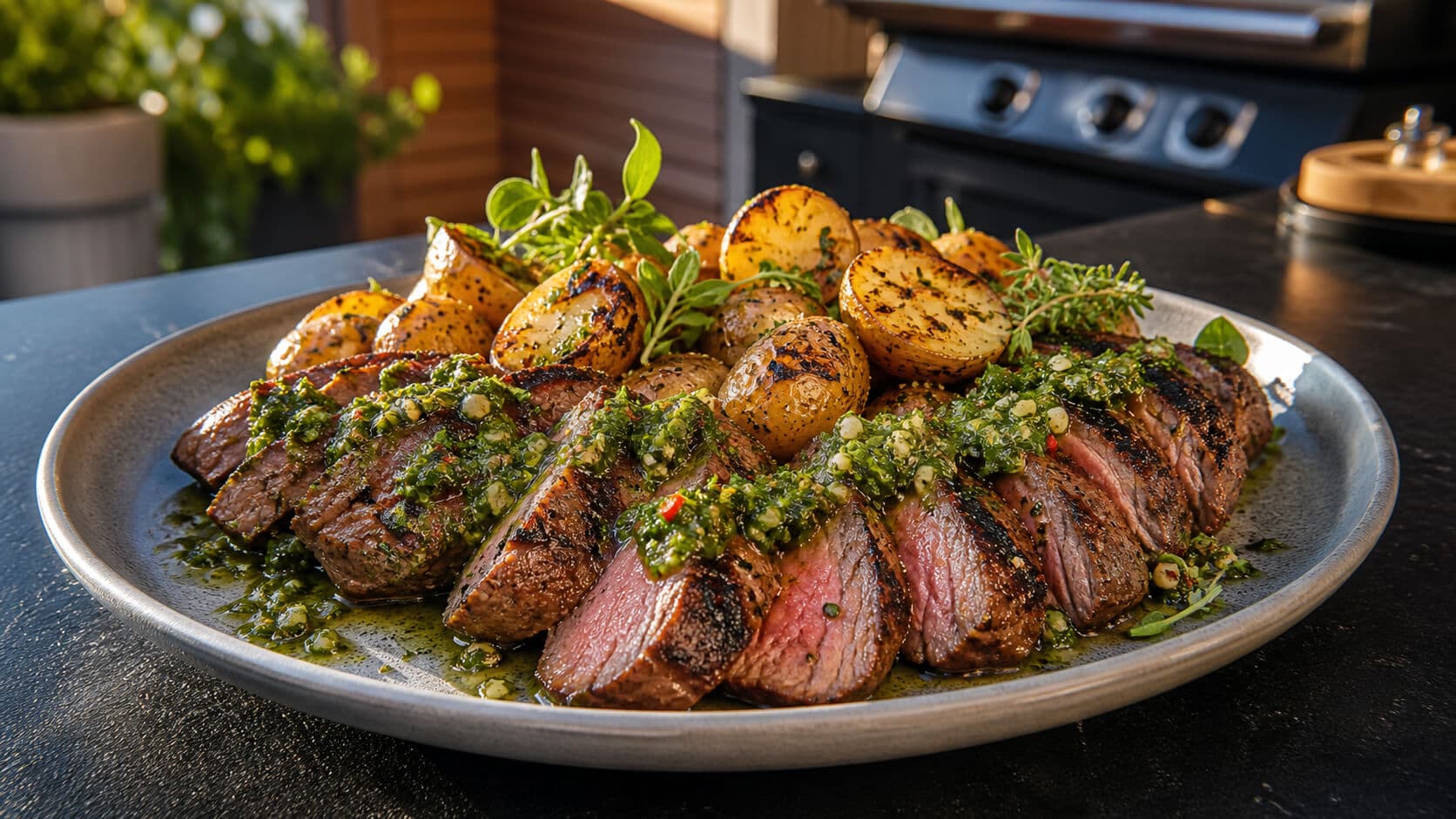 Grillet biff med chimichurri og småpoteter