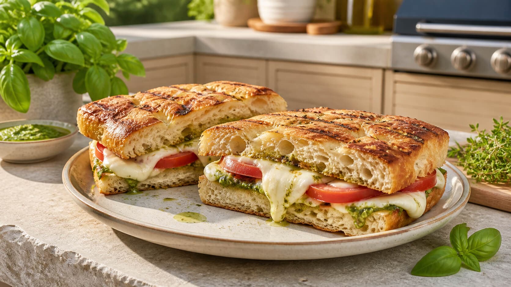Grillet focaccia med mozzarella, tomat og pesto
