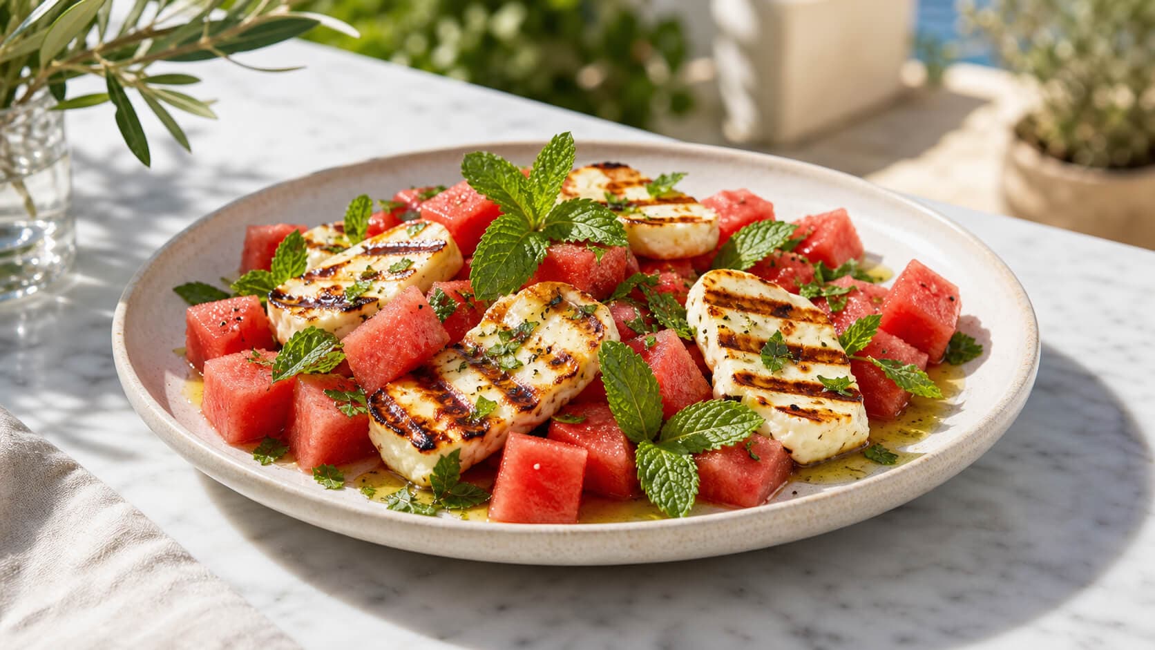 Grillet halloumi med vannmelon og mynte