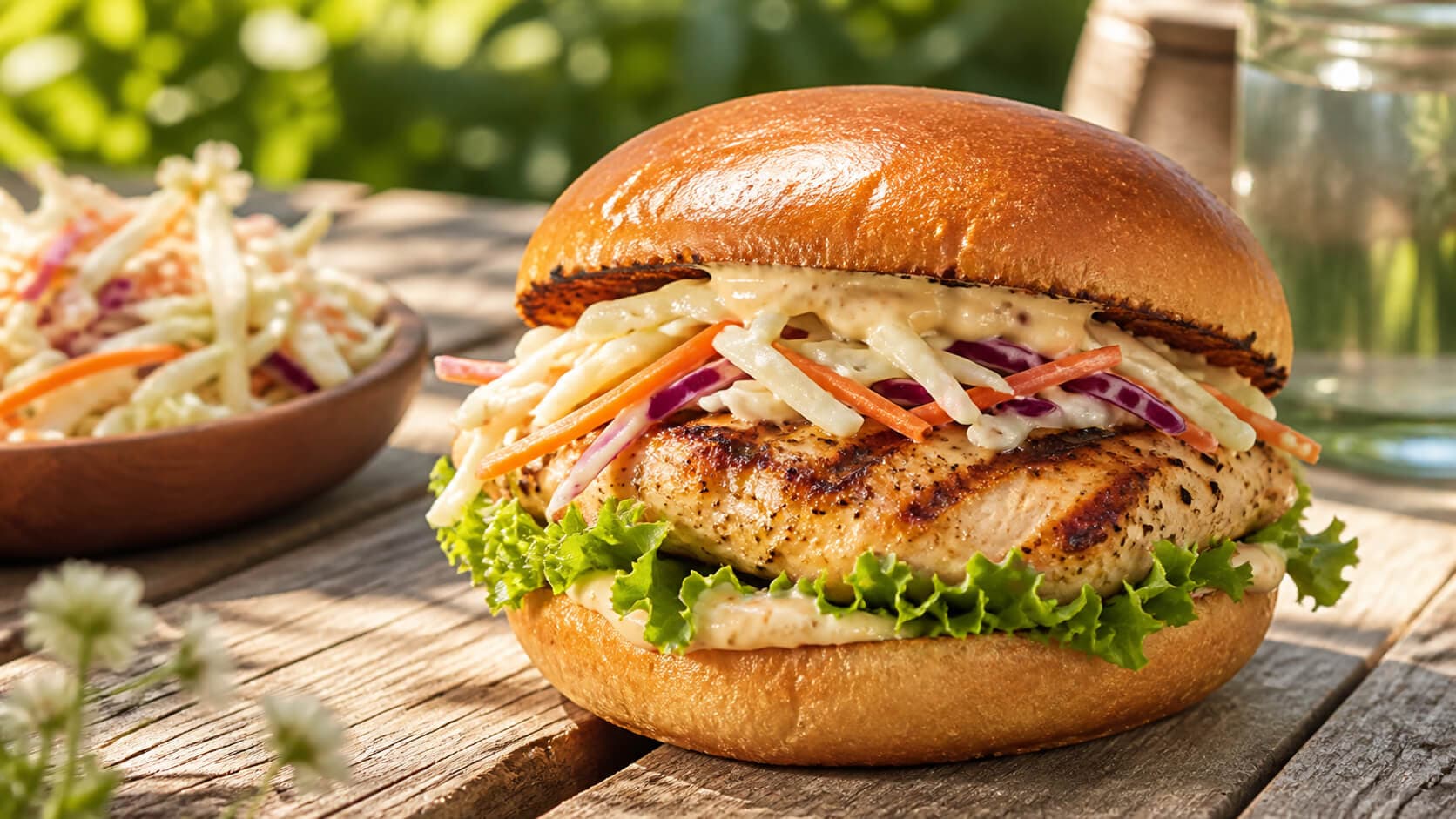 Grillet kyllingburger med coleslaw