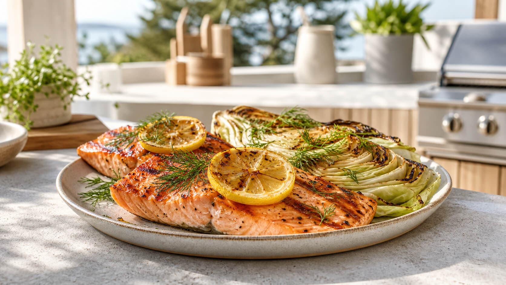 Grillet laks med sitron, dill og sommerkål