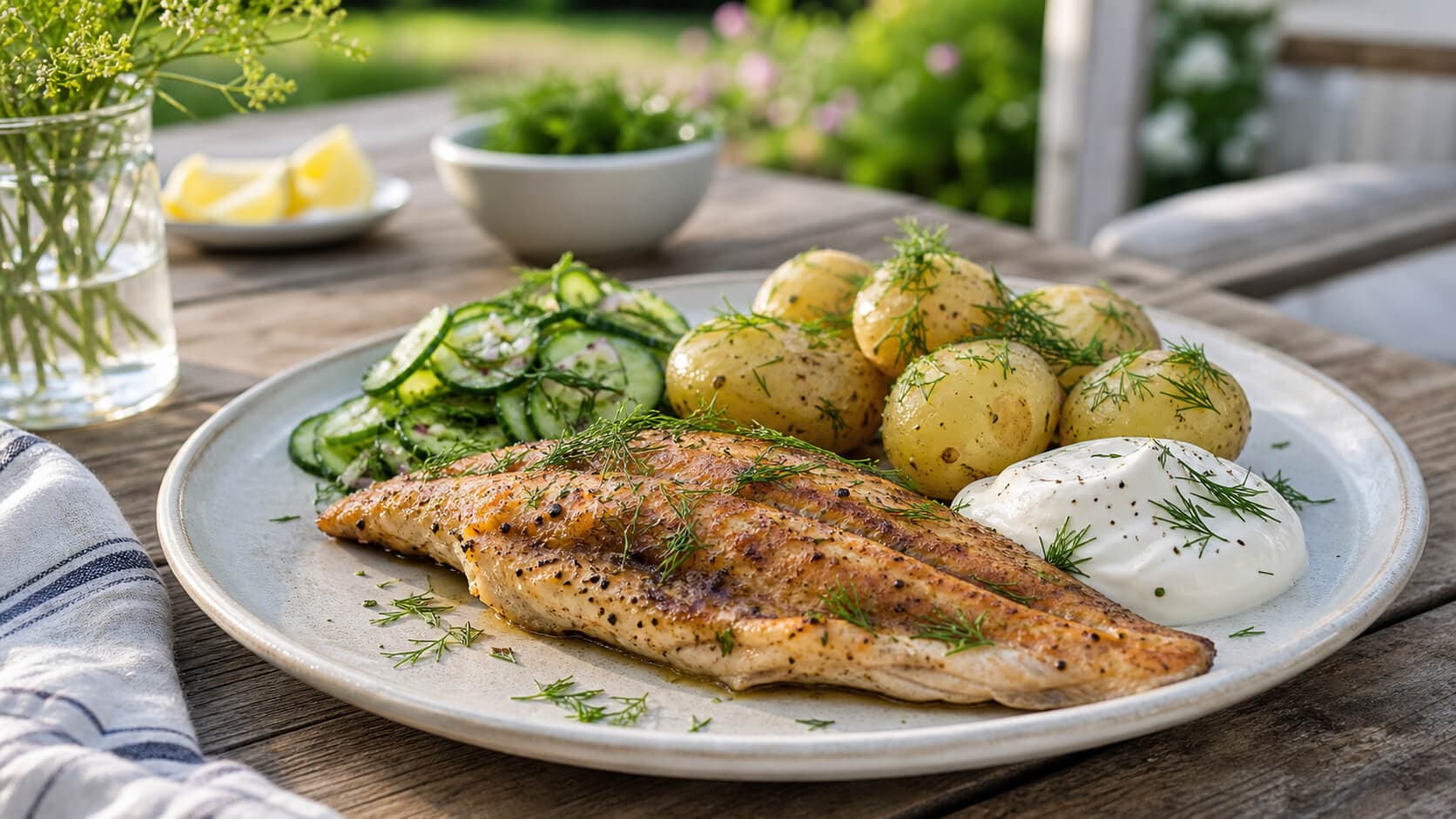 Grillet ørret med rømme, agurksalat og nypoteter