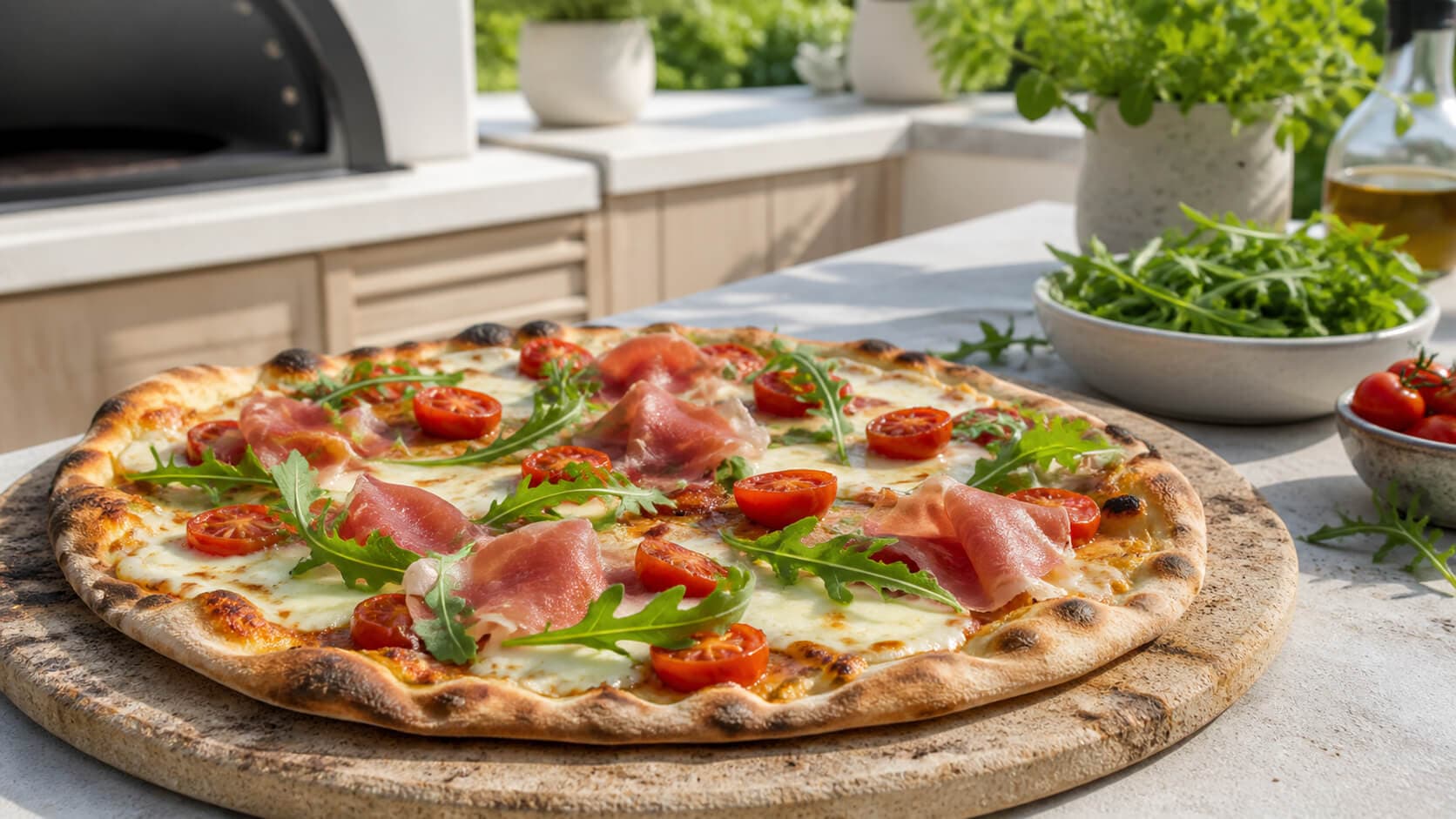 Grillet pizza med mozzarella, prosciutto og ruccola