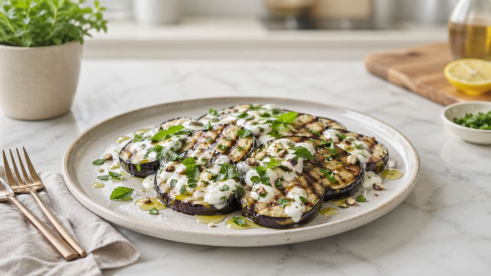 Grillet aubergine med yoghurt og urter