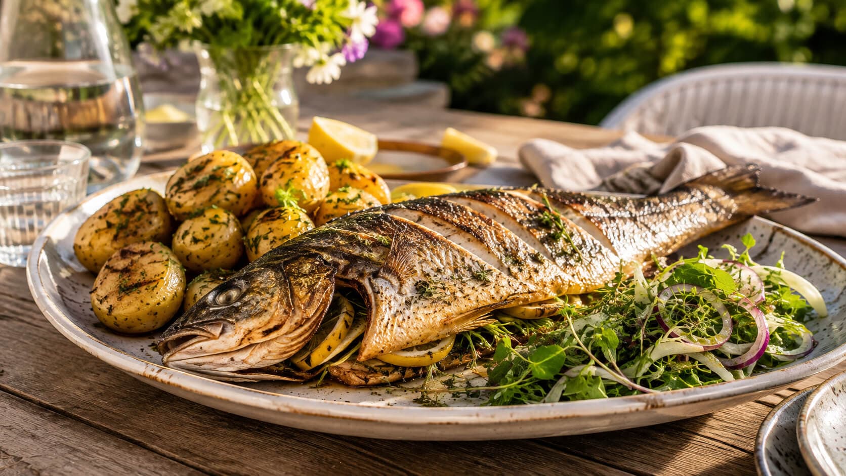 Grillet havabbor med sitron, urter og småpoteter