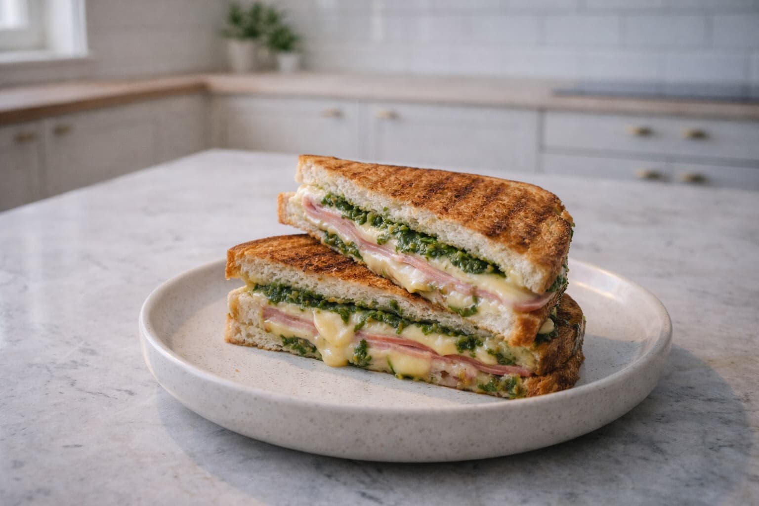 Grillet sandwich med ost, skinke og pesto